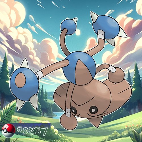 Hitmonlee 7 Hitmontop is brown, humanoid Pokémon with a round body, blue legs, and a large, spinning top on its head.