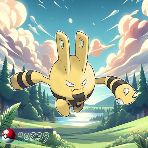 Electabuzz 2 Elekid is a small, yellow, humanoid Pokémon with plug-like horns on its head and black stripes.