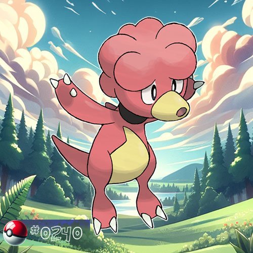 Magby is a small, red, dinosaur-like Pokémon with a flame-shaped head and a mischievous expression.