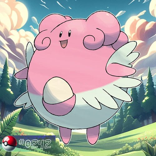 Blissey is a large, pink, and white Pokémon with a gentle smile, curly hair, and an egg in its pouch.
