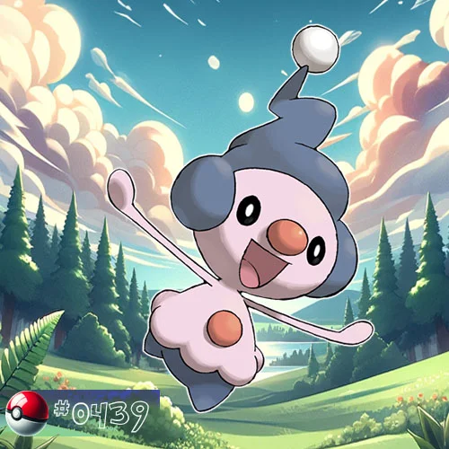 Mime Jr. is a small, humanoid Pokémon with a clown-like appearance, a hat resembling a beret, and a cheerful expression.