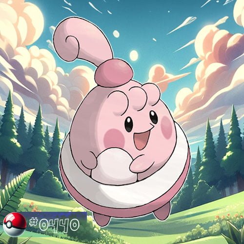 Happiny is a small, pink, egg-shaped baby Pokémon with a pouch on its belly and a curly hair tuft.