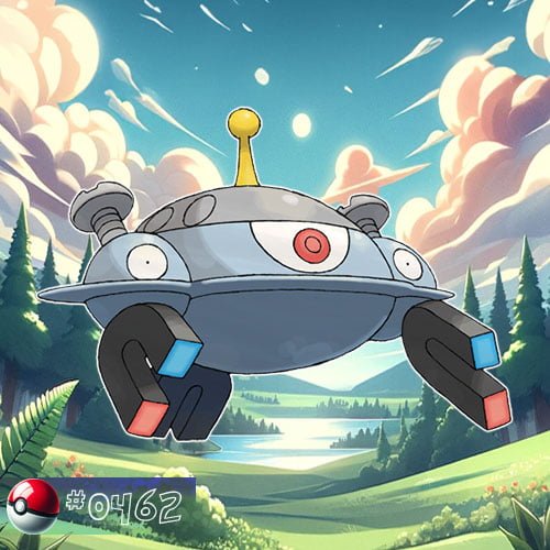 Magneton 8 Magnezone is a metallic, disc-shaped Pokémon with three eyes and several magnetic units floating around it.