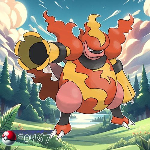 Magmortar is a large, red, humanoid Pokémon with cannon-like arms and flame patterns on its body.