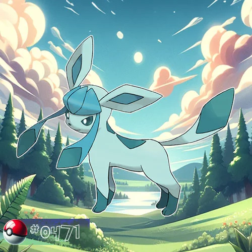 Glaceon is a light blue, fox-like Pokémon with icy fur and a diamond-shaped crest on its forehead.