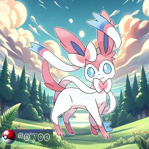 Eevee 9 Sylveon is a white, fox-like Pokémon with pink and blue ribbon-like feelers.
