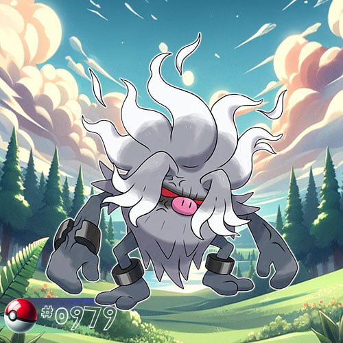 Primeape 8 Wo-Chien is a dark-green snail-like Pokémon with a rocky shell covered in moss and leaves.