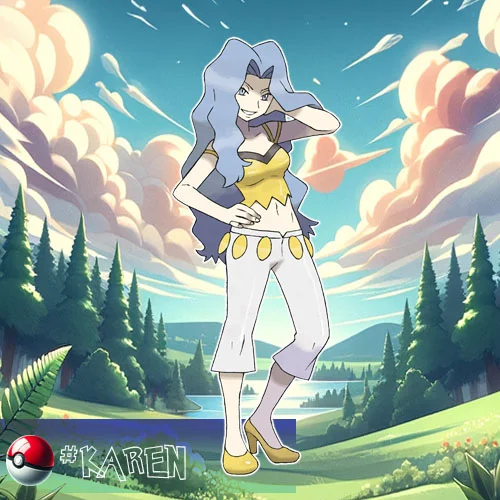 Karen - Elite Four member in Kanto in Generations II and IV and in Johto, specialized in Dark-type Pokémon.