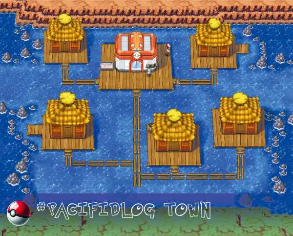 Pacifidlog Town, a coastal settlement located on a series of floating wooden platforms drifting in the ocean in Hoenn.