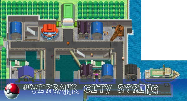 Virbank City, a bustling urban center located in the Unova region in spring.